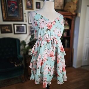 Trixxi Mint Floral‎ Ruffle Tiered Mini Dress Spaghetti Straps